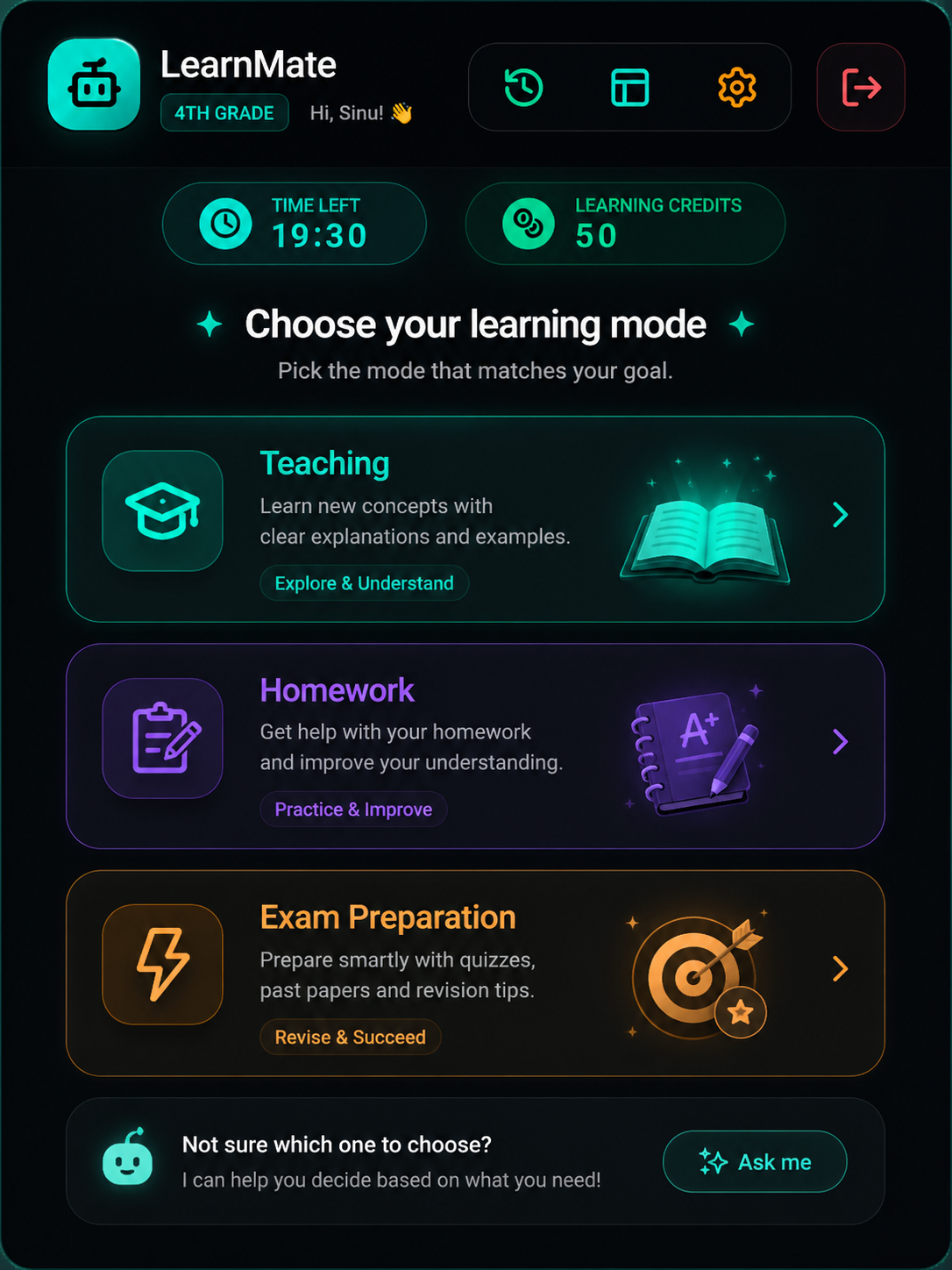 Student dashboard showing multiple learning modes